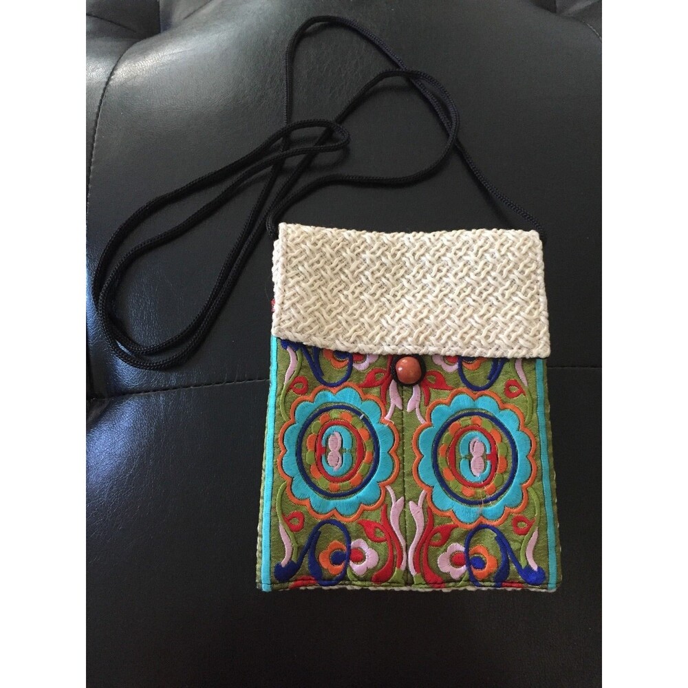 Handmade Woven Embroidered Purse Crossbody Pouch w/ Wood Bead Ethnic Boho Floral